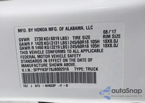2018 Honda Ridgeline Rtl-E z USA, uszkodzony, nr VIN 5FPYK3F78JB002916